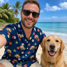 Selfie with the pet whose face is printed all over this Men's December Dangles Custom Dog Face Hawaiian Shirt