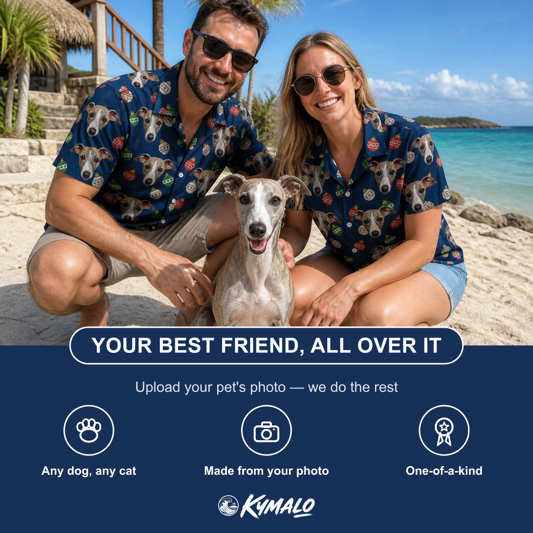 Friends in matching Men's December Dangles Custom Dog Face Hawaiian Shirt — a group gift photo