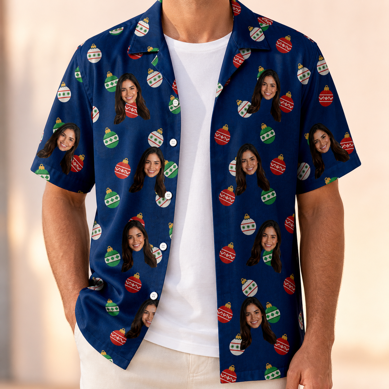 Man wearing Men's December Dangles Custom Face Hawaiian Shirt open over a white tee