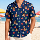 Model wearing Men's December Dangles Custom Face Hawaiian Shirt printed with kids' faces