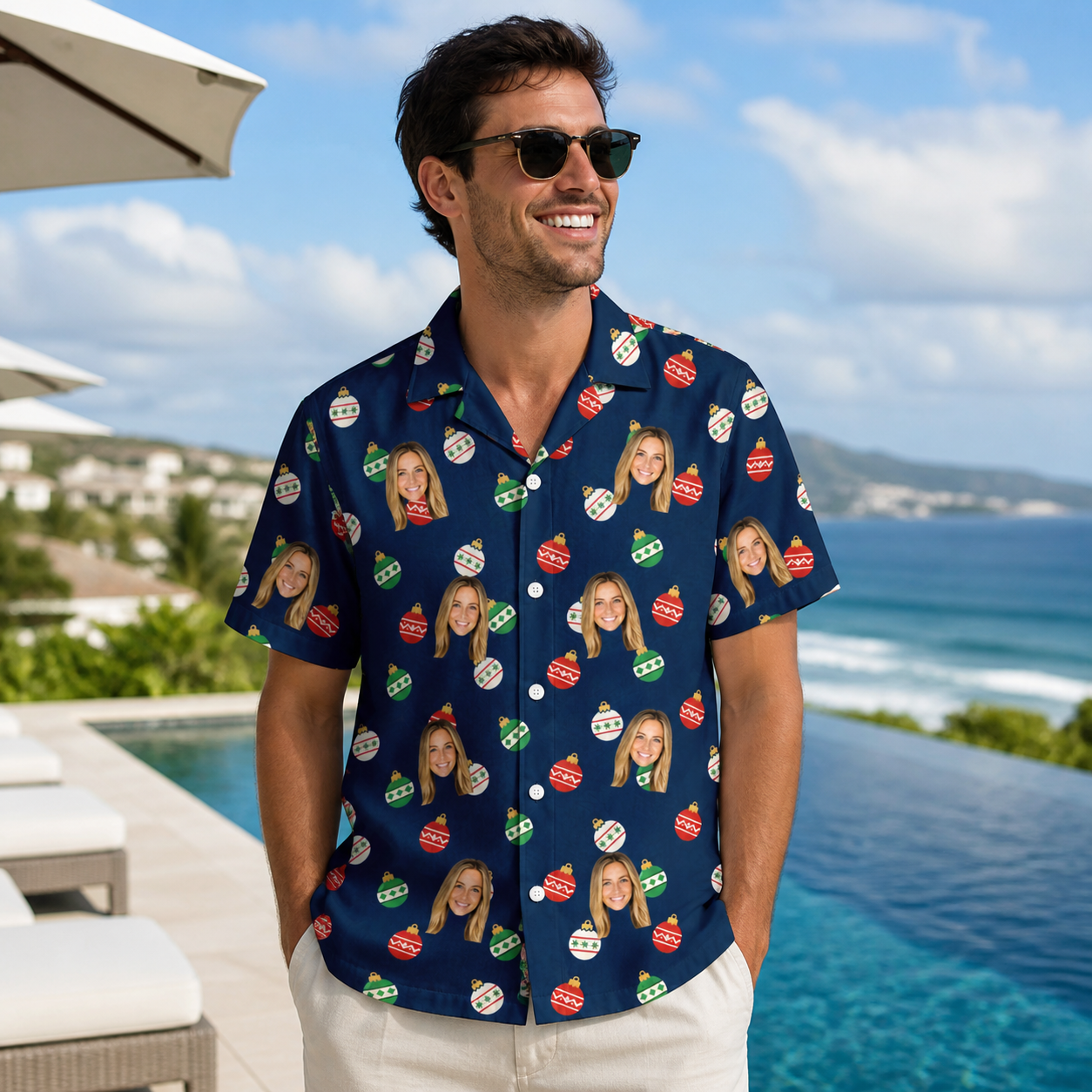 Real-life photo of someone wearing Men's December Dangles Custom Face Hawaiian Shirt — custom faces printed all-over