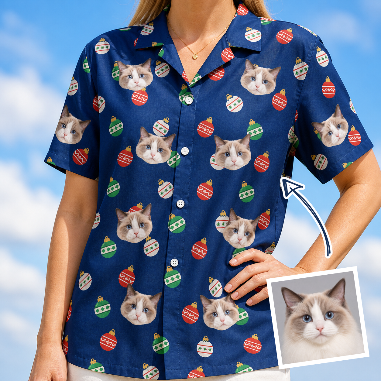 Woman wearing Women's December Dangles Custom Cat Face Hawaiian Shirt — custom faces printed all-over