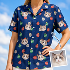 Woman wearing Women's December Dangles Custom Cat Face Hawaiian Shirt — custom faces printed all-over