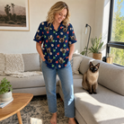 Full-length photo with the pet printed all over this Women's December Dangles Custom Cat Face Hawaiian Shirt