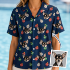 Woman wearing Women's December Dangles Custom Dog Face Hawaiian Shirt — custom faces printed all-over