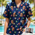 Woman wearing Women's December Dangles Custom Face Hawaiian Shirt — custom faces printed all-over