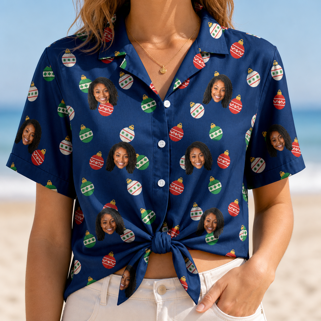 Woman wearing Women's December Dangles Custom Face Hawaiian Shirt tied at the waist