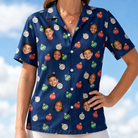 Model wearing Women's December Dangles Custom Face Hawaiian Shirt printed with kids' faces