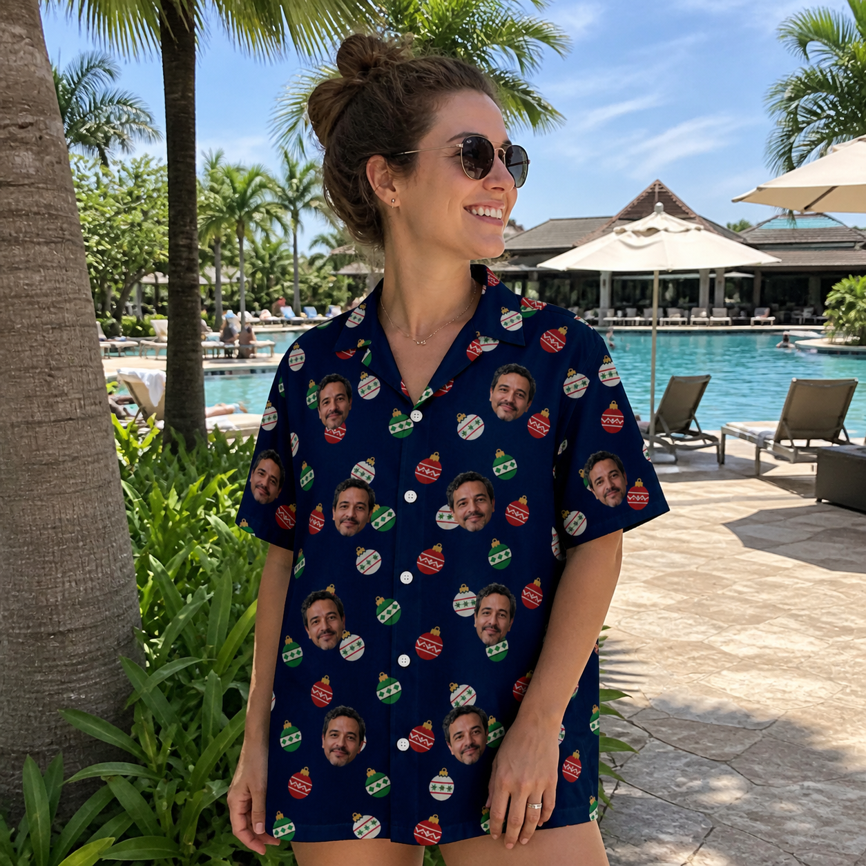 Real-life photo of someone wearing Women's December Dangles Custom Face Hawaiian Shirt — custom faces printed all-over
