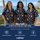 Friends in matching Women's December Dangles Custom Face Hawaiian Shirt — a group gift photo