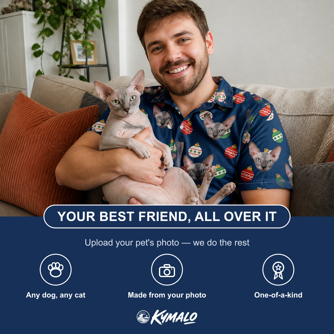 Friends in matching Men's December Dangles Custom Cat Face Polo Shirt — a group gift photo