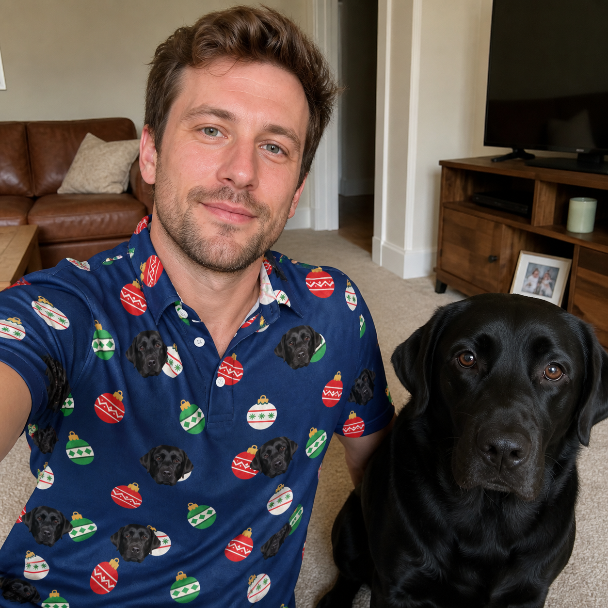 Selfie with the pet whose face is printed all over this Men's December Dangles Custom Dog Face Polo Shirt