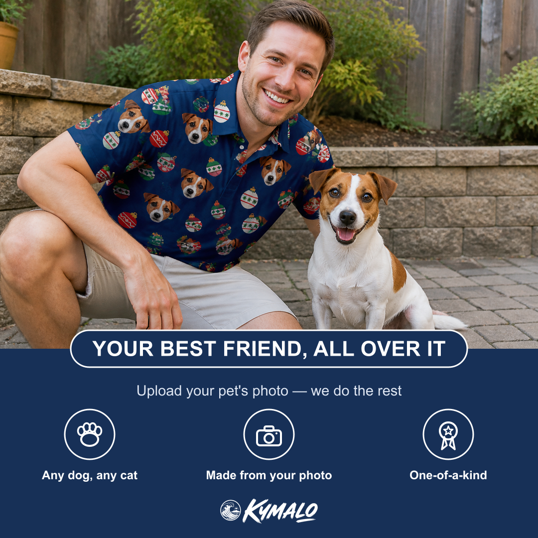 Friends in matching Men's December Dangles Custom Dog Face Polo Shirt — a group gift photo