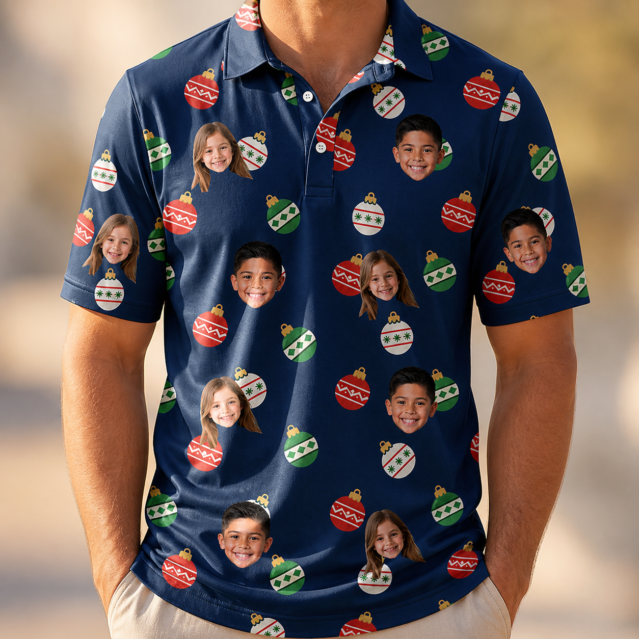 Model wearing Men's December Dangles Custom Face Polo Shirt printed with kids' faces