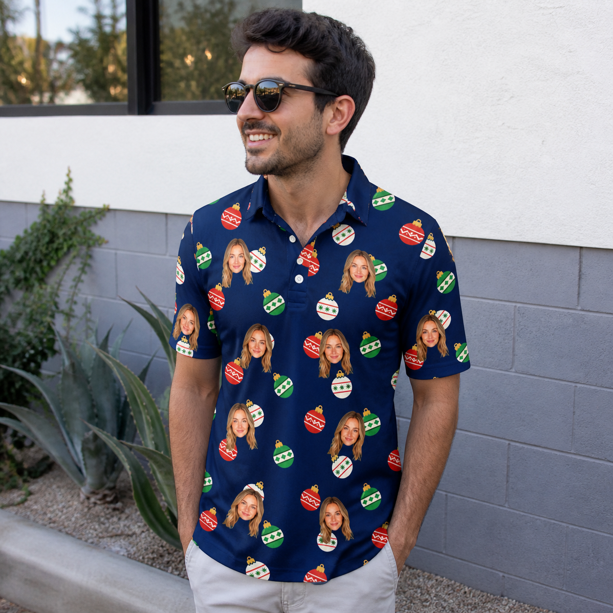 Real-life photo of someone wearing Men's December Dangles Custom Face Polo Shirt — custom faces printed all-over