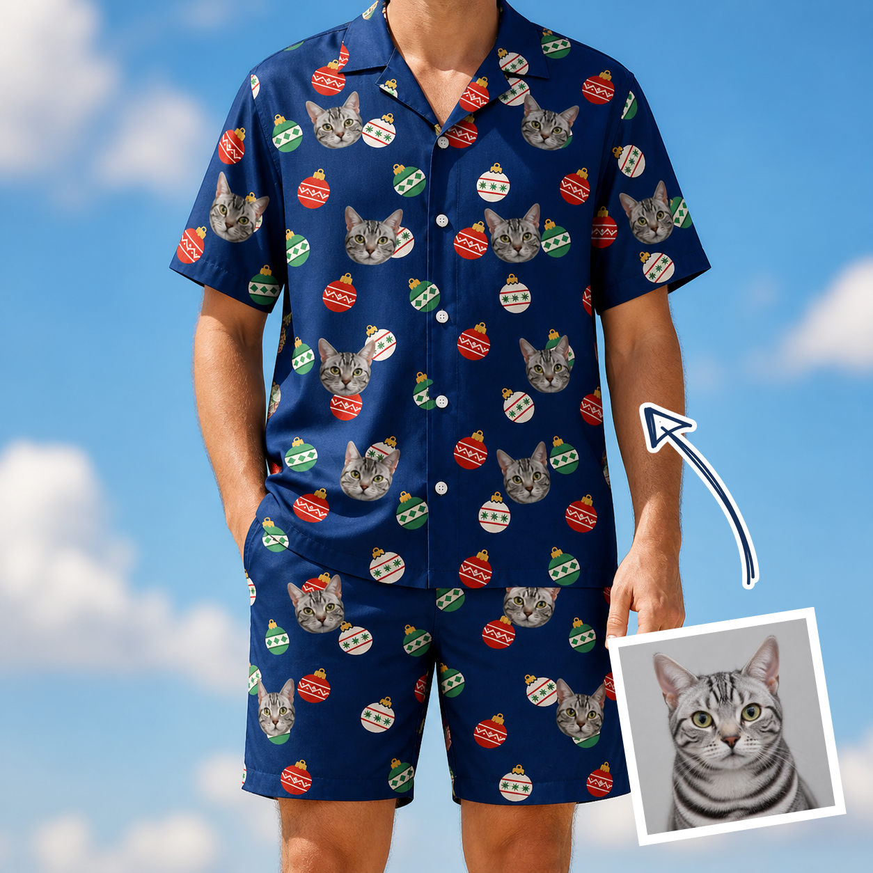 Man wearing Men's December Dangles Custom Cat Face Shirt & Shorts Set — custom faces printed all-over