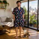 Full-length photo with the pet printed all over this Men's December Dangles Custom Cat Face Shirt & Shorts Set