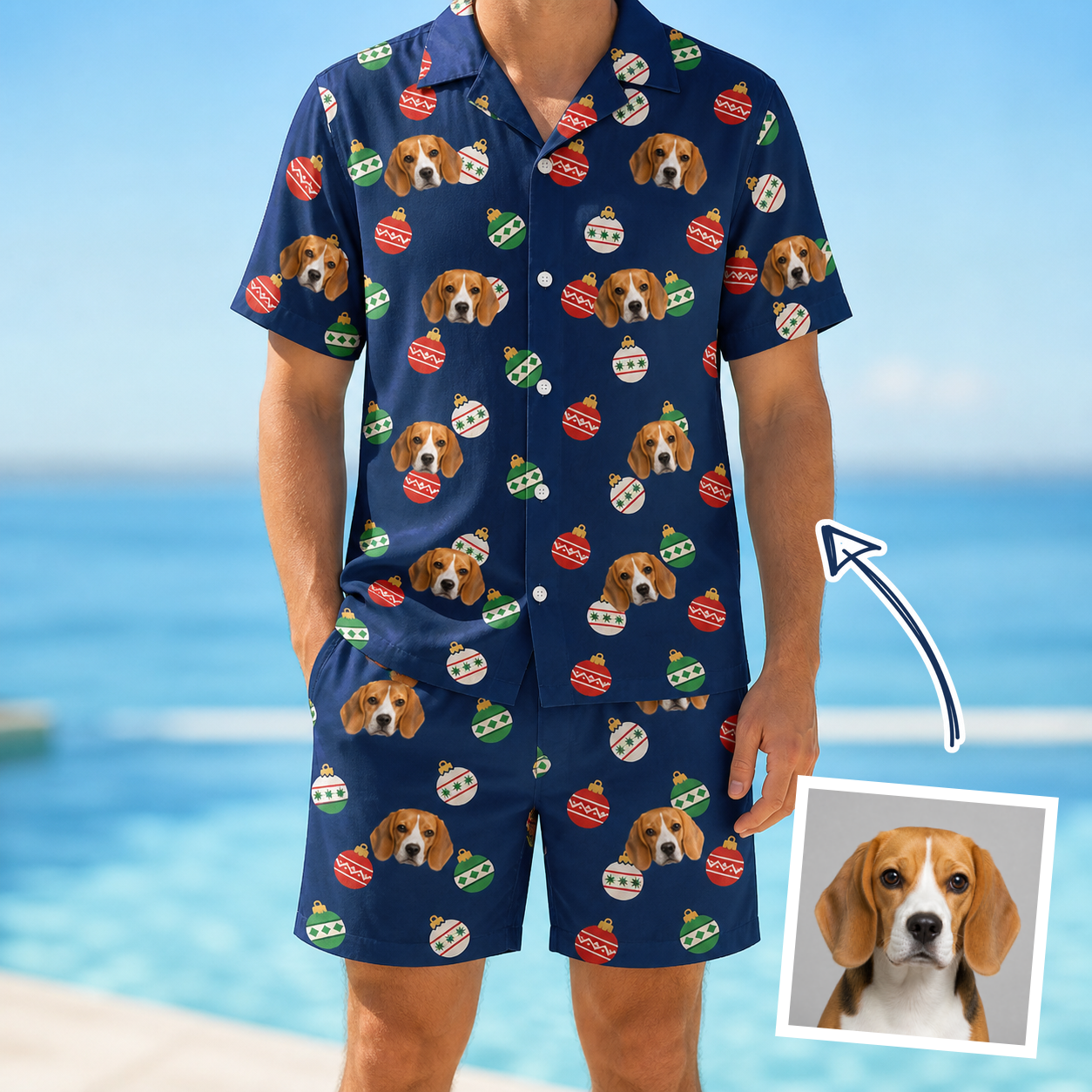 Man wearing Men's December Dangles Custom Dog Face Shirt & Shorts Set — custom faces printed all-over