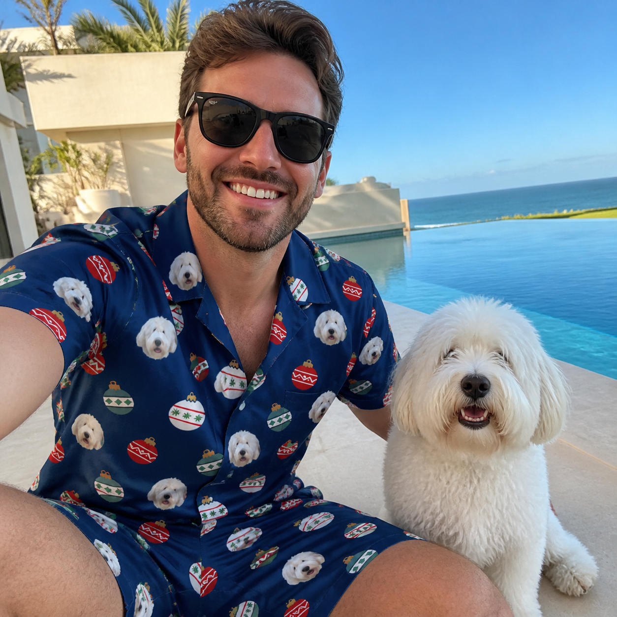 Selfie with the pet whose face is printed all over this Men's December Dangles Custom Dog Face Shirt & Shorts Set