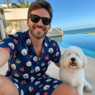 Selfie with the pet whose face is printed all over this Men's December Dangles Custom Dog Face Shirt & Shorts Set