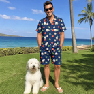 Full-length photo with the pet printed all over this Men's December Dangles Custom Dog Face Shirt & Shorts Set