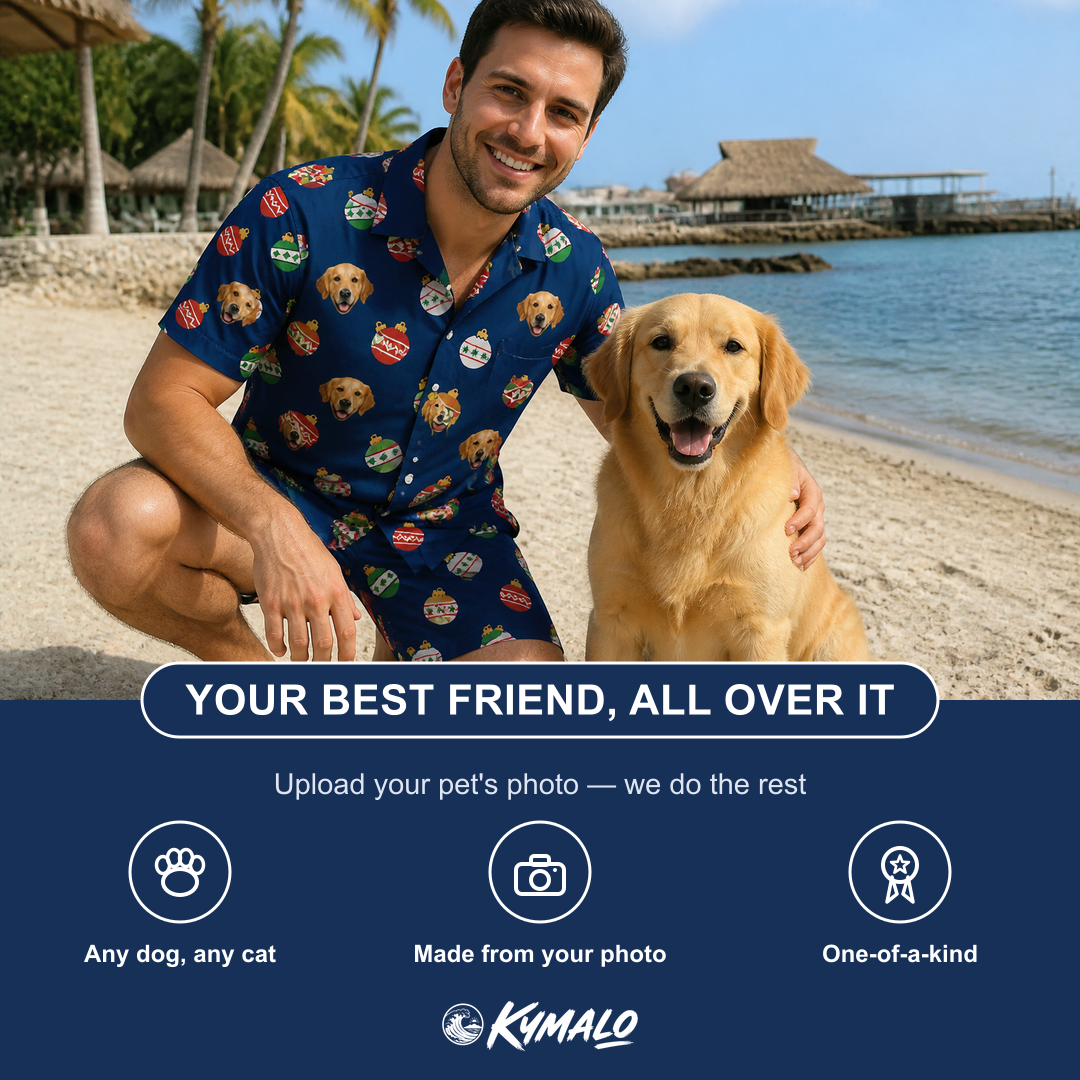 Friends in matching Men's December Dangles Custom Dog Face Shirt & Shorts Set — a group gift photo