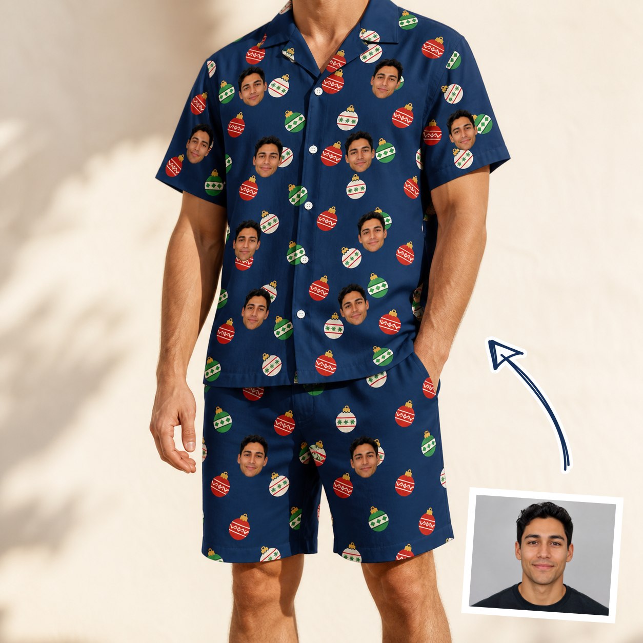 Man wearing Men's December Dangles Custom Face Shirt & Shorts Set — custom faces printed all-over