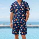 Model wearing Men's December Dangles Custom Face Shirt & Shorts Set printed with kids' faces