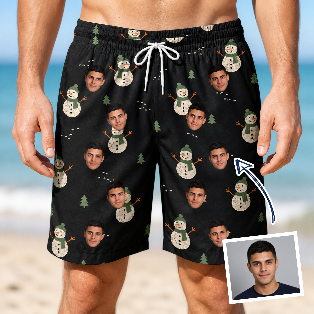 Man wearing Men's Carrot Crooners Custom Face Beach Shorts — custom faces printed all-over