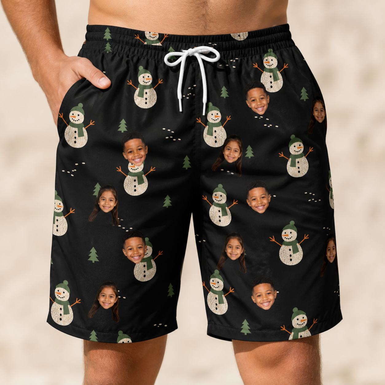 Model wearing Men's Carrot Crooners Custom Face Beach Shorts printed with kids' faces