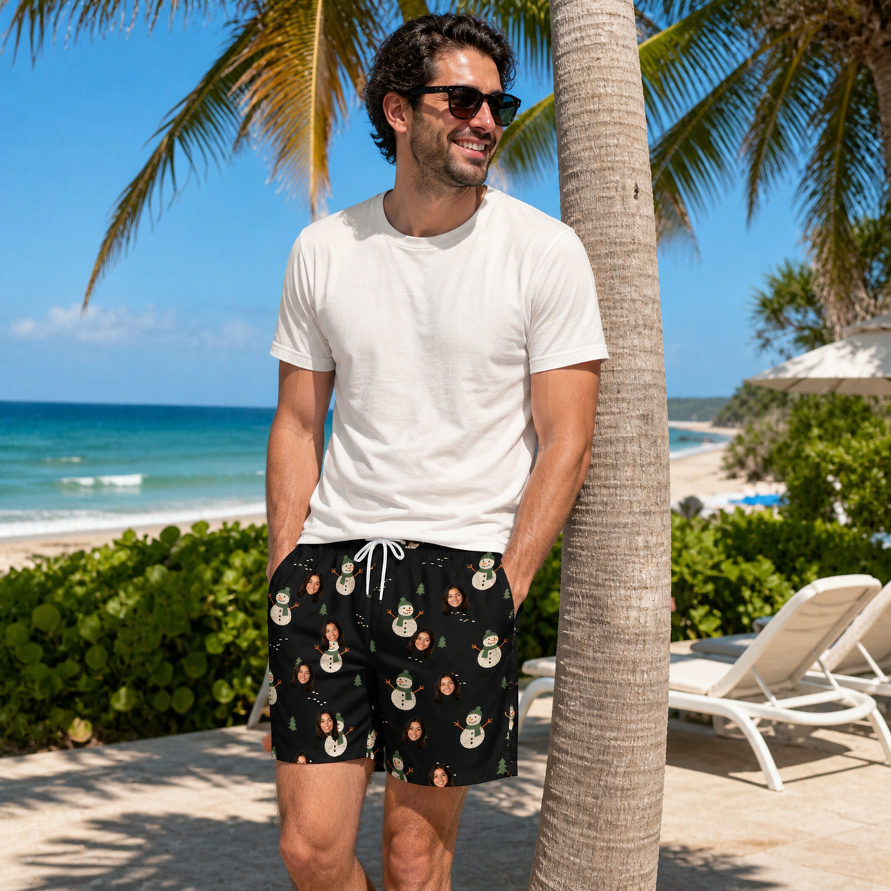Real-life photo of someone wearing Men's Carrot Crooners Custom Face Beach Shorts — custom faces printed all-over
