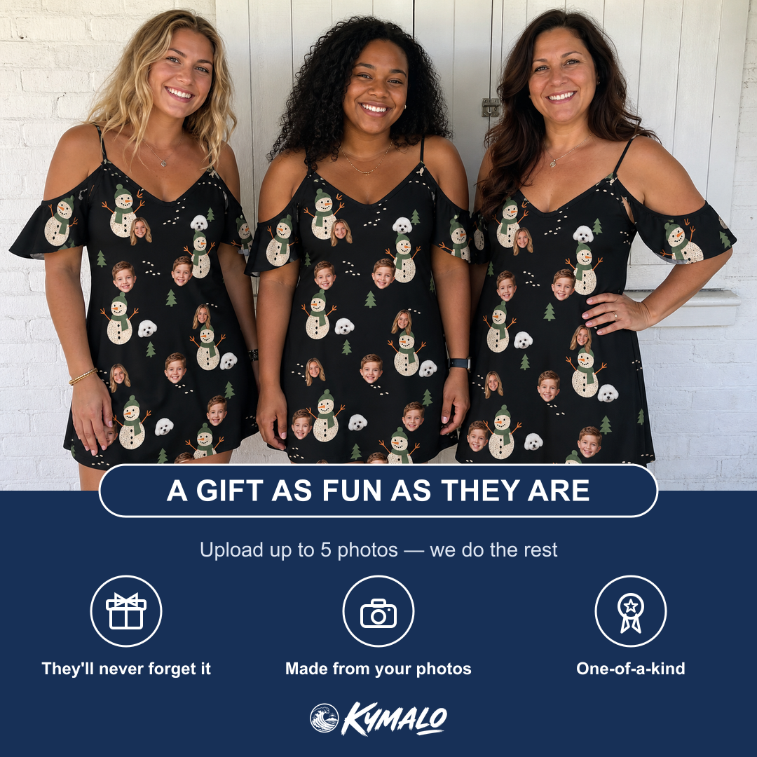 Friends in matching Women's Carrot Crooners Custom Face Off-Shoulder Dress — a group gift photo