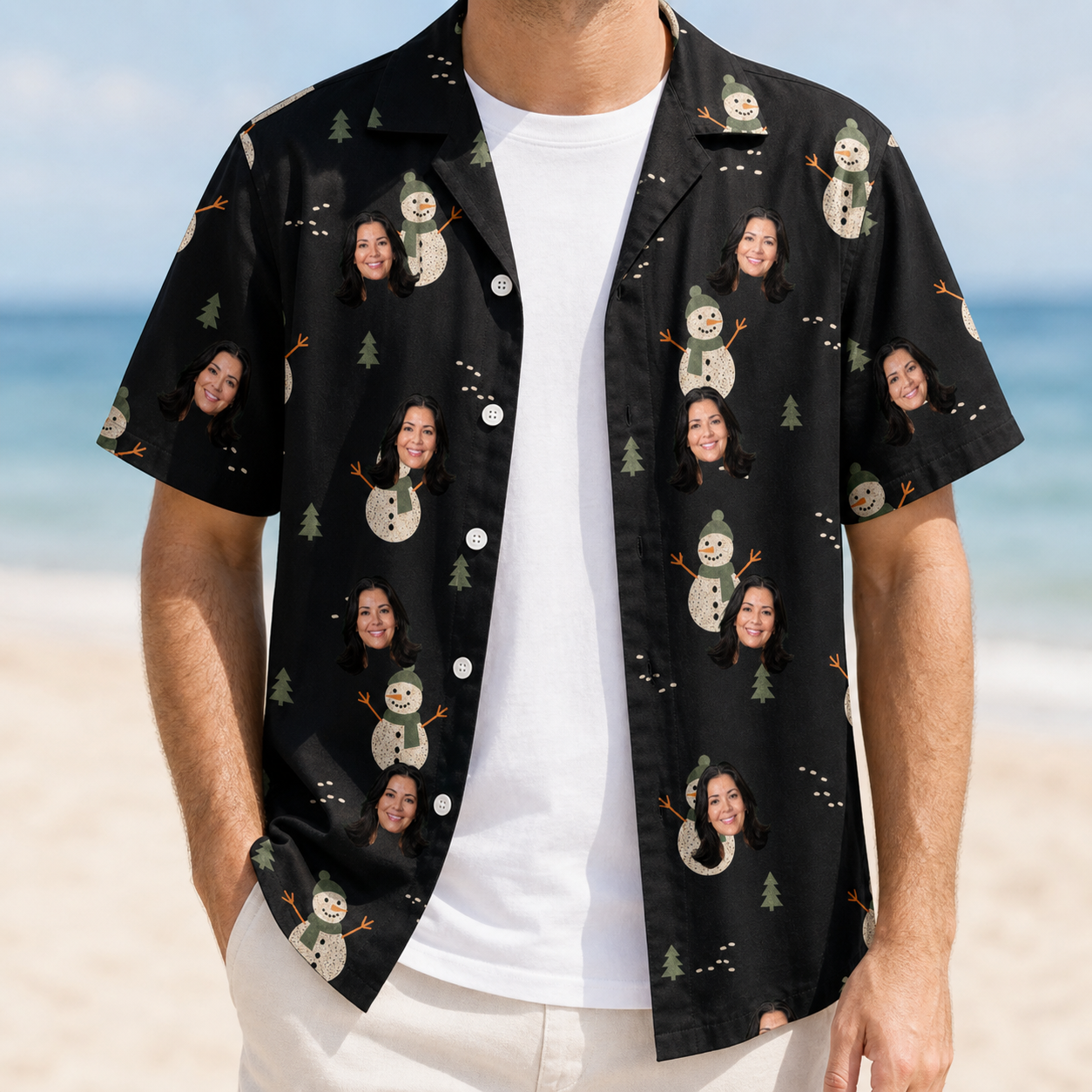 Man wearing Men's Carrot Crooners Custom Face Hawaiian Shirt open over a white tee