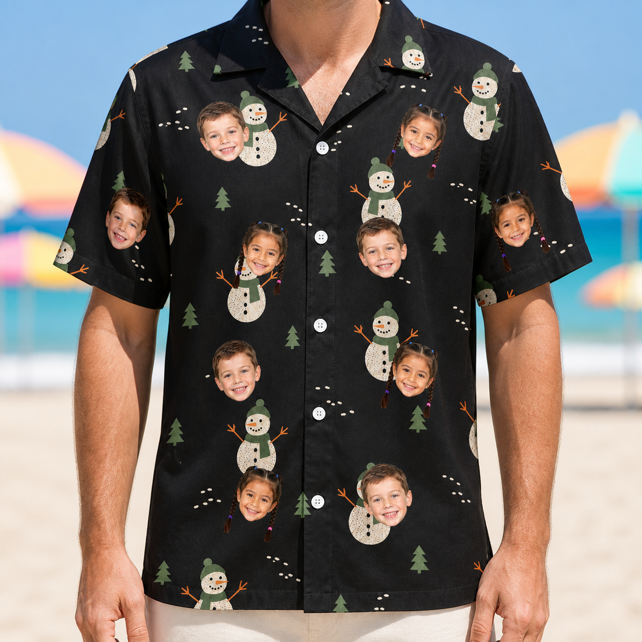 Model wearing Men's Carrot Crooners Custom Face Hawaiian Shirt printed with kids' faces