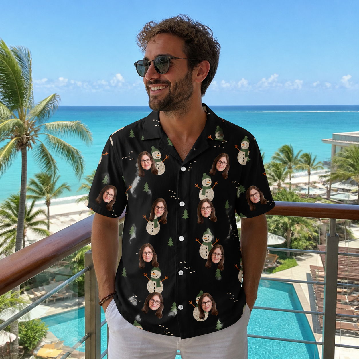 Real-life photo of someone wearing Men's Carrot Crooners Custom Face Hawaiian Shirt — custom faces printed all-over