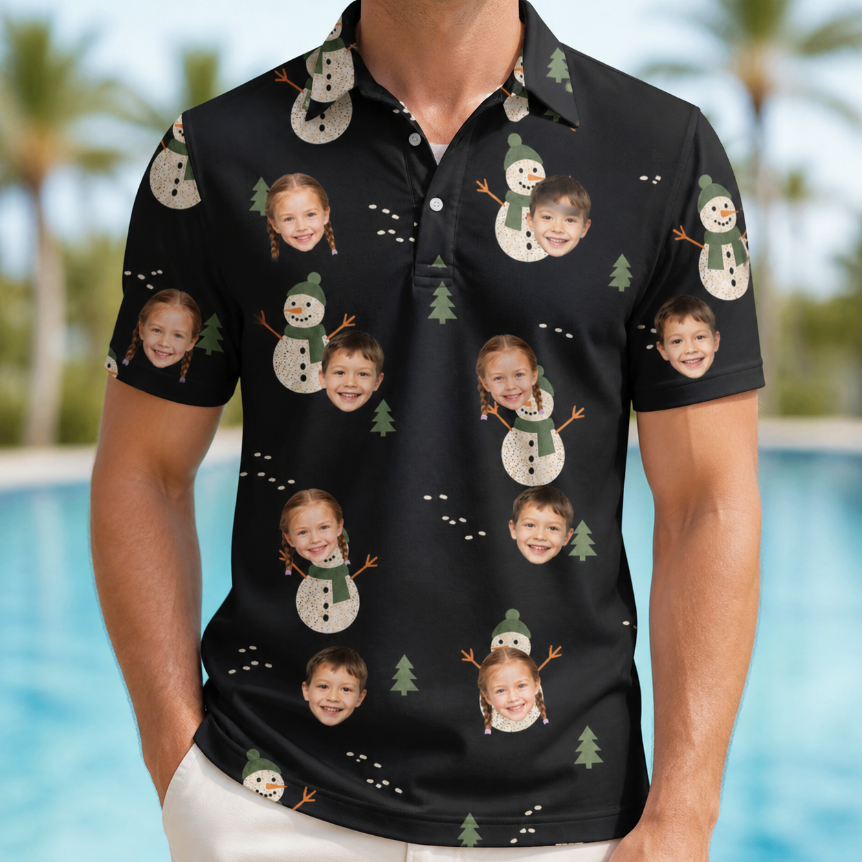 Model wearing Men's Carrot Crooners Custom Face Polo Shirt printed with kids' faces