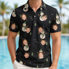 Model wearing Men's Carrot Crooners Custom Face Polo Shirt printed with kids' faces