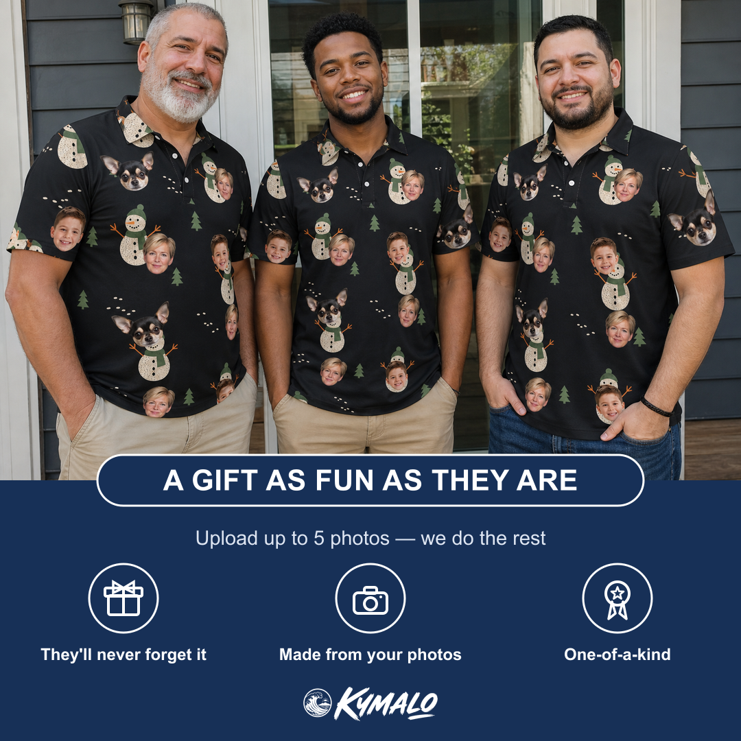 Friends in matching Men's Carrot Crooners Custom Face Polo Shirt — a group gift photo