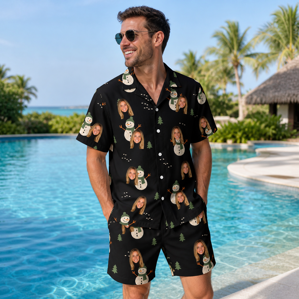 Real-life photo of someone wearing Men's Carrot Crooners Custom Face Shirt & Shorts Set — custom faces printed all-over