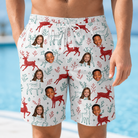 Model wearing Men's Prancer Pranks Custom Face Beach Shorts printed with kids' faces