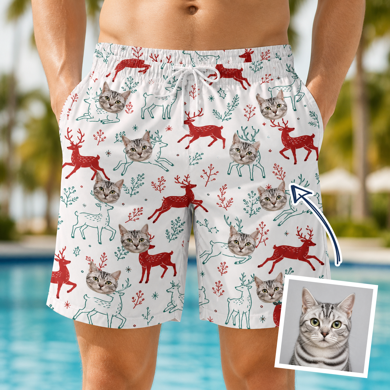 Man wearing Men's Prancer Pranks Custom Cat Face Beach Shorts — custom faces printed all-over