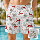 Man wearing Men's Prancer Pranks Custom Cat Face Beach Shorts — custom faces printed all-over