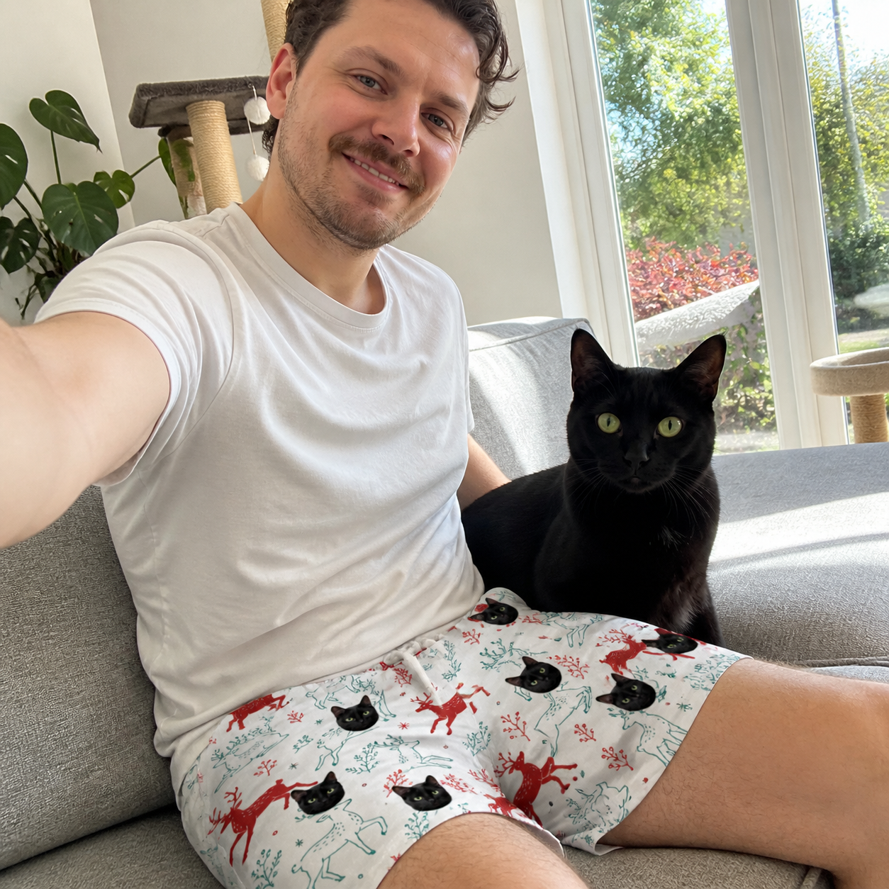 Selfie with the pet whose face is printed all over this Men's Prancer Pranks Custom Cat Face Beach Shorts
