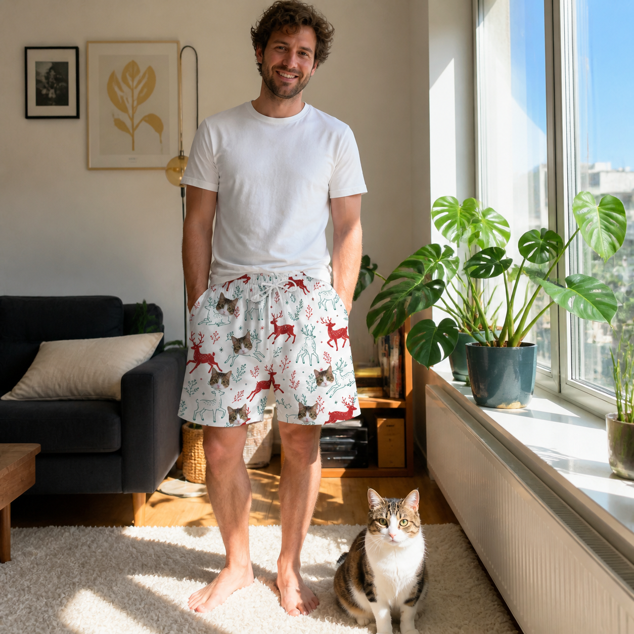Full-length photo with the pet printed all over this Men's Prancer Pranks Custom Cat Face Beach Shorts
