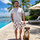 Full-length photo with the pet printed all over this Men's Prancer Pranks Custom Dog Face Beach Shorts