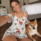 Selfie with the pet whose face is printed all over this Women's Prancer Pranks Custom Dog Face Off-Shoulder Dress