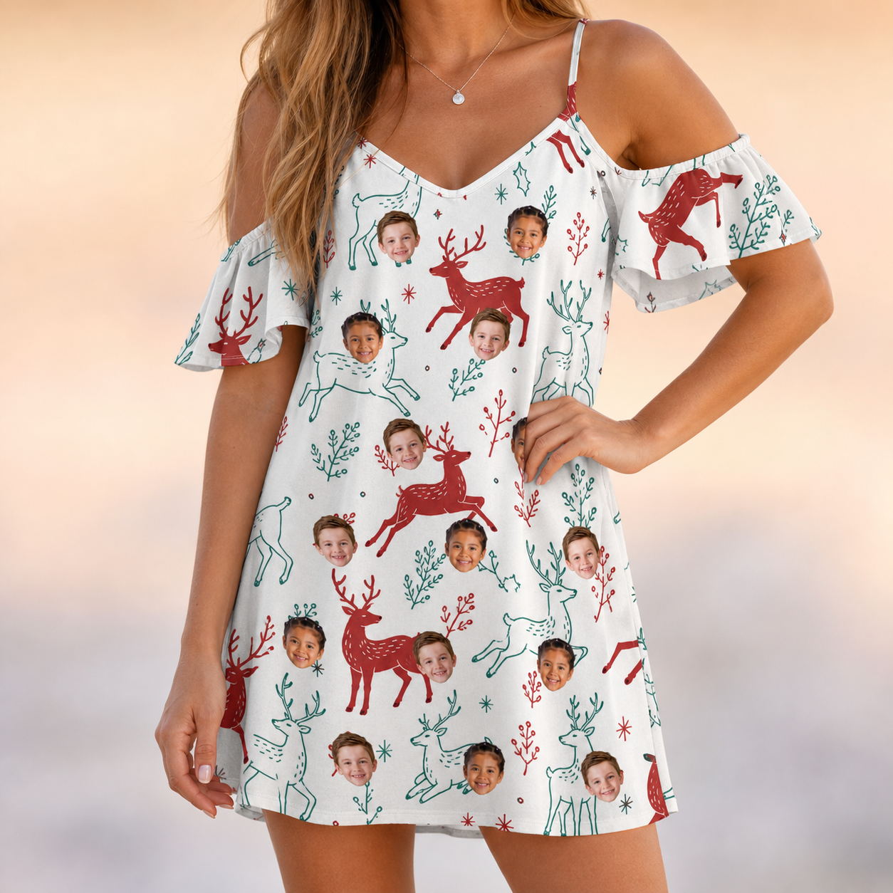 Model wearing Women's Prancer Pranks Custom Face Off-Shoulder Dress printed with kids' faces