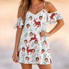 Model wearing Women's Prancer Pranks Custom Face Off-Shoulder Dress printed with kids' faces