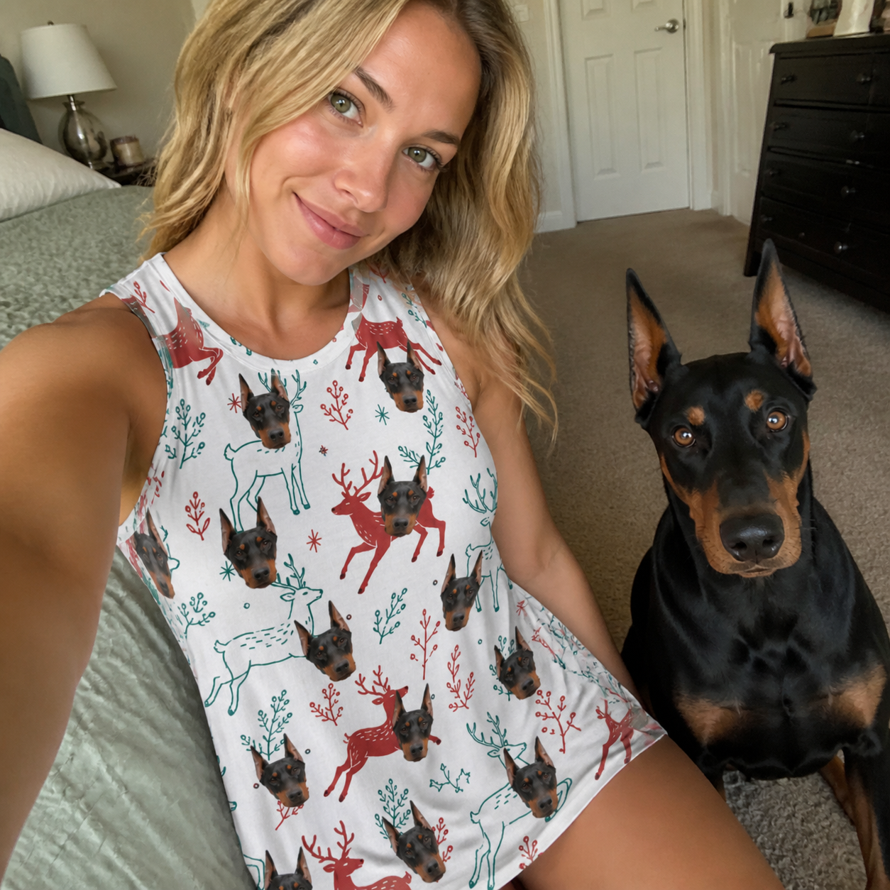 Selfie with the pet whose face is printed all over this Women's Prancer Pranks Custom Dog Face Tank Dress
