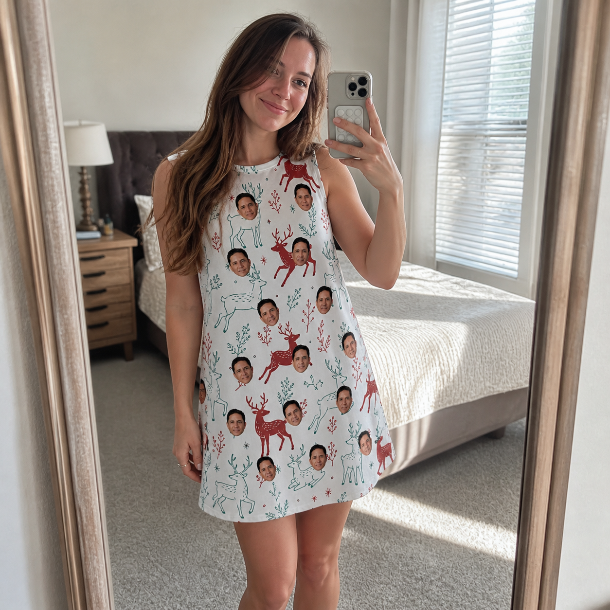 Real-life photo of someone wearing Women's Prancer Pranks Custom Face Tank Dress — custom faces printed all-over